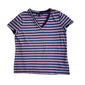 Tommy Hilfiger Women’s XL Striped V-Neck Tee Shirt Red White Blue Cotton Stretch